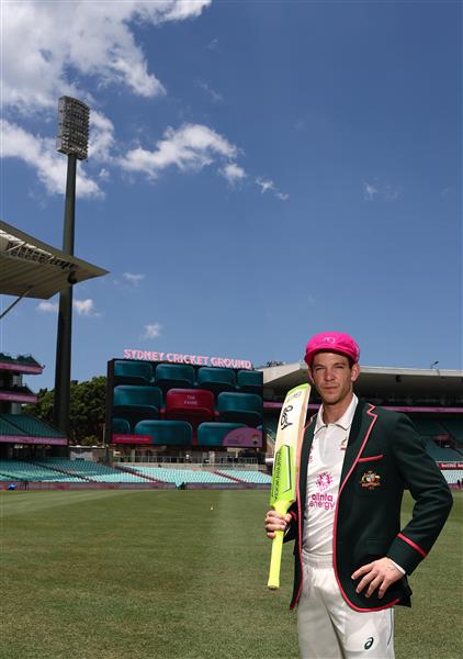 SYDNEY, AUSTRALIA - JANUARY 05: Tim Paine of Australia poses in his Pink Captain's Blazer and his McGrath Foundation Pink Cap before an Australian nets session at the Sydney Cricket Ground on January 05, 2021 in Sydney, Australia. (Photo by Ryan Pierse/Getty Images)