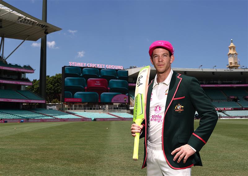 SYDNEY, AUSTRALIA - JANUARY 05: Tim Paine of Australia poses in his Pink Captain's Blazer and his McGrath Foundation Pink Cap before an Australian nets session at the Sydney Cricket Ground on January 05, 2021 in Sydney, Australia. (Photo by Ryan Pierse/Getty Images)