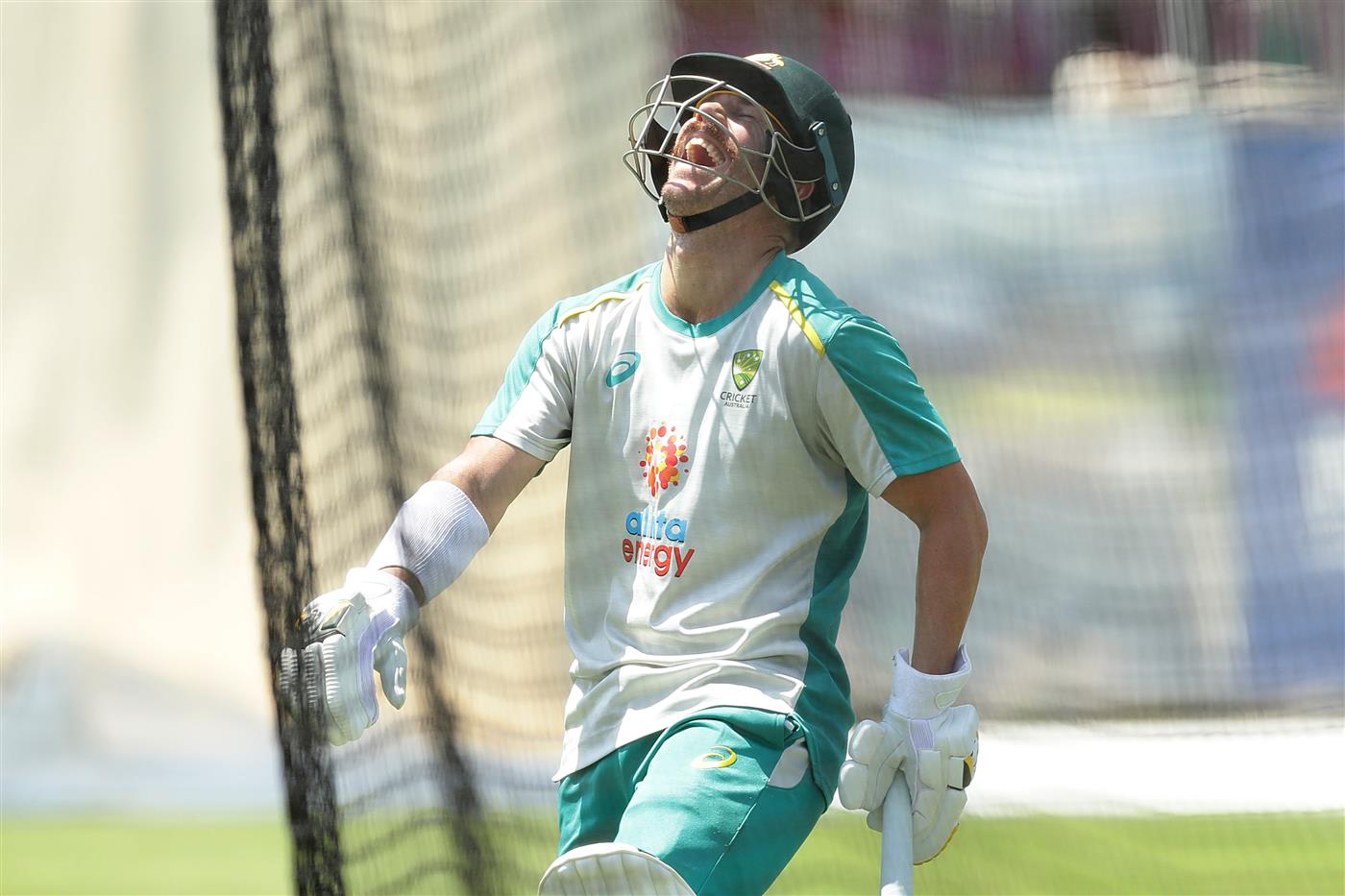 SYDNEY, AUSTRALIA - JANUARY 05: David Warner of Australia laughs on as he bats during an Australian nets session at the Sydney Cricket Ground on January 05, 2021 in Sydney, Australia. (Photo by Mark Metcalfe/Getty Images)