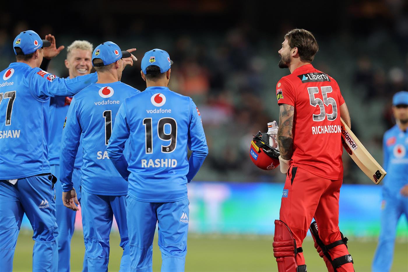 ADELAIDE, AUSTRALIA - JANUARY 05: Kane Richardson of the Renegades reacts after being  dismissed during the Big Bash League match between the Melbourne Renegades and the Adelaide Strikers at Adelaide Oval, on January 05, 2021, in Adelaide, Australia. (Photo by Daniel Kalisz/Getty Images)