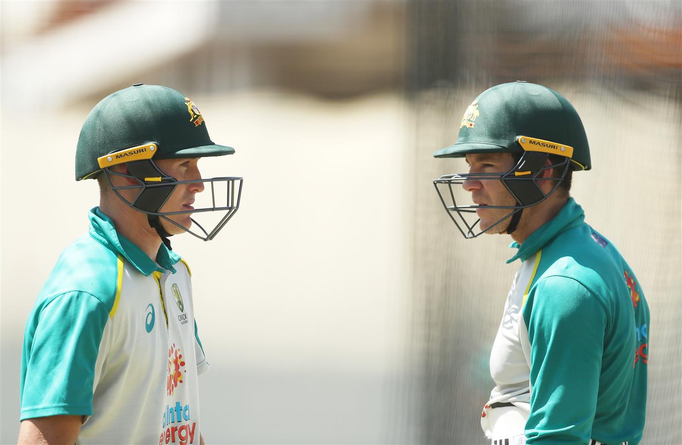 SYDNEY, AUSTRALIA - JANUARY 05: Tim Paine of Australia talks to Marnus Labuschagne of Australia during an Australian nets session at the Sydney Cricket Ground on January 05, 2021 in Sydney, Australia. (Photo by Mark Metcalfe/Getty Images)