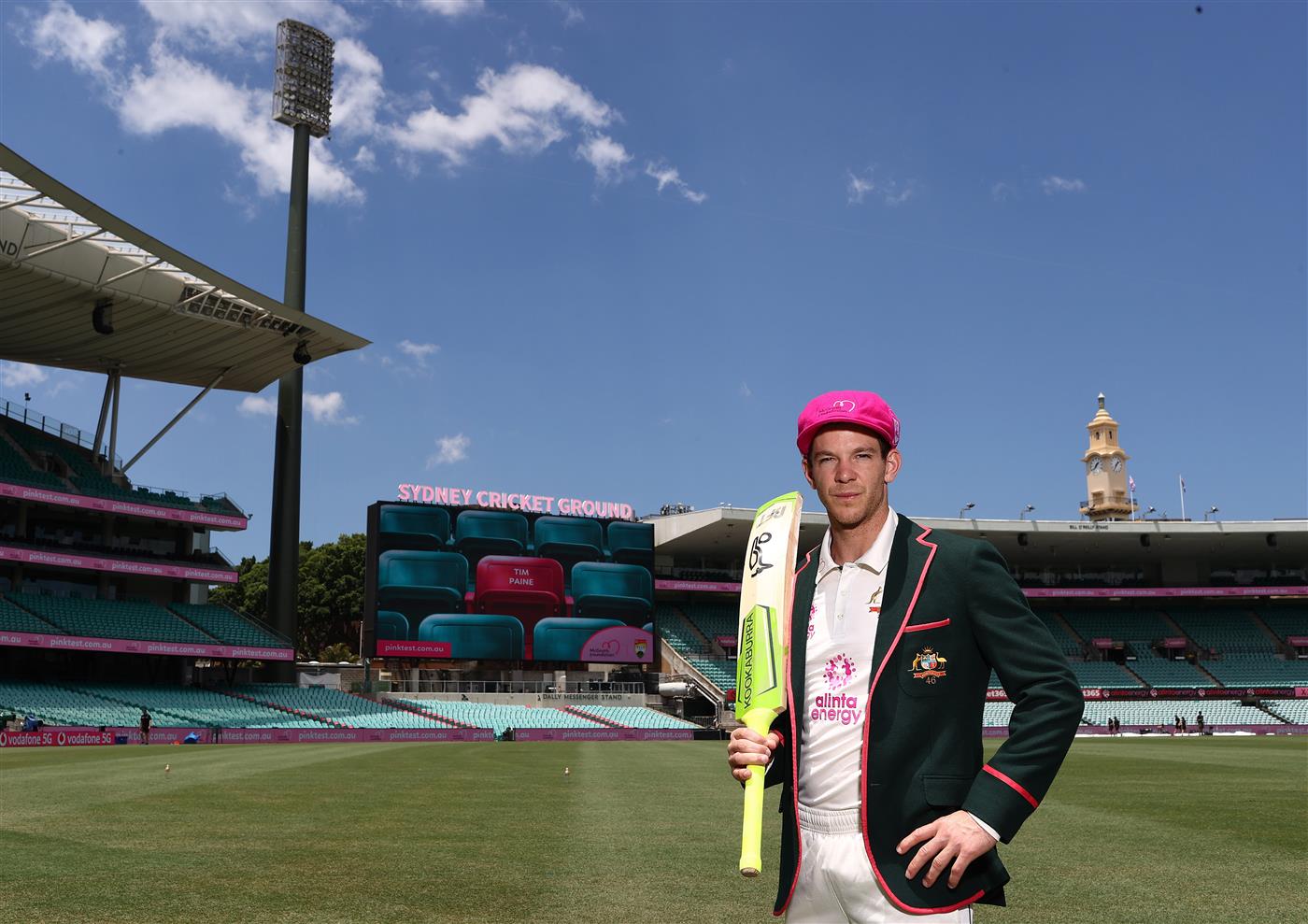 SYDNEY, AUSTRALIA - JANUARY 05: Tim Paine of Australia poses in his Pink Captain's Blazer and his McGrath Foundation Pink Cap before an Australian nets session at the Sydney Cricket Ground on January 05, 2021 in Sydney, Australia. (Photo by Ryan Pierse/Getty Images)