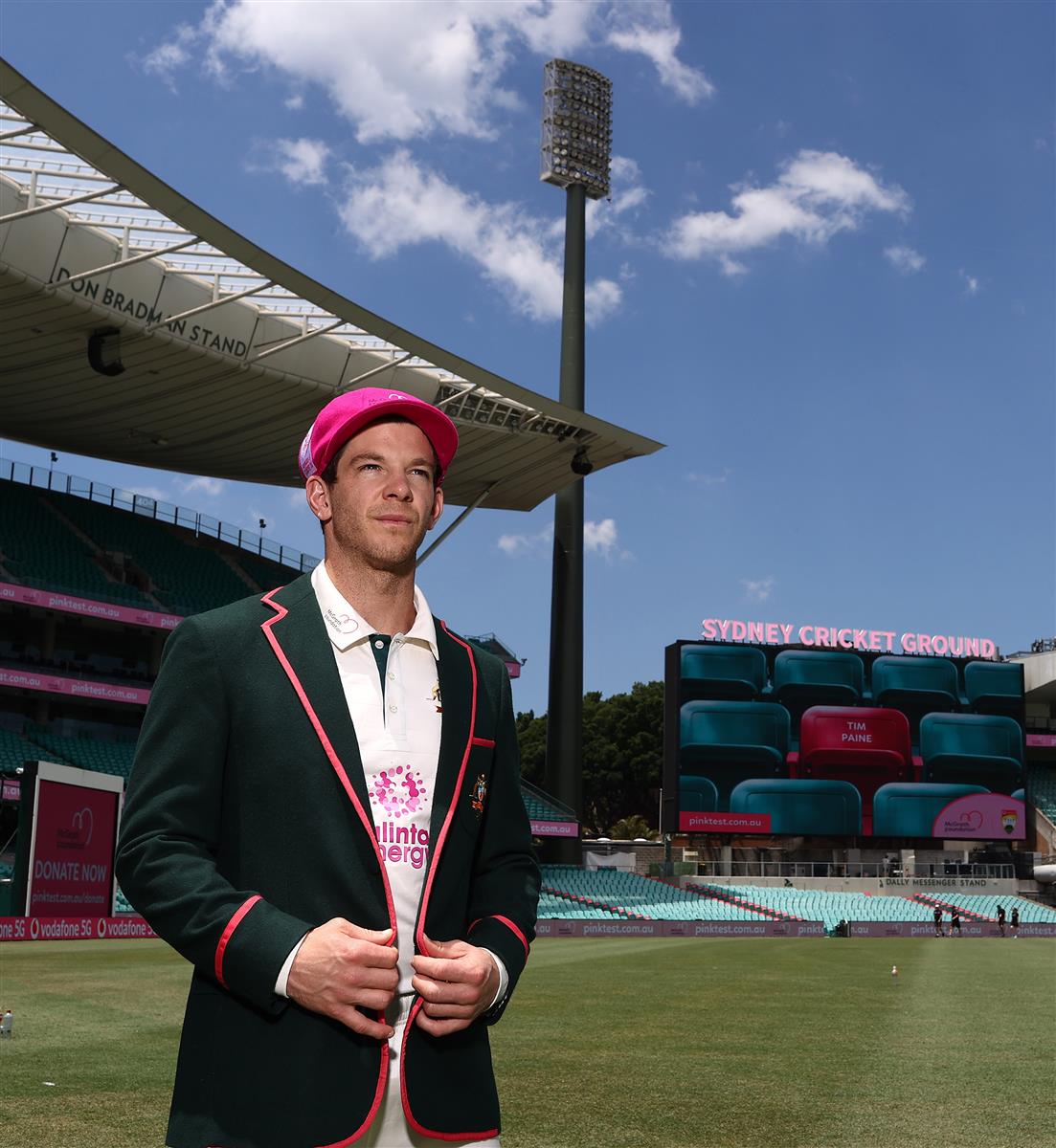 SYDNEY, AUSTRALIA - JANUARY 05: Tim Paine of Australia poses in his Pink Captain's Blazer and his McGrath Foundation Pink Cap before an Australian nets session at the Sydney Cricket Ground on January 05, 2021 in Sydney, Australia. (Photo by Ryan Pierse/Getty Images)