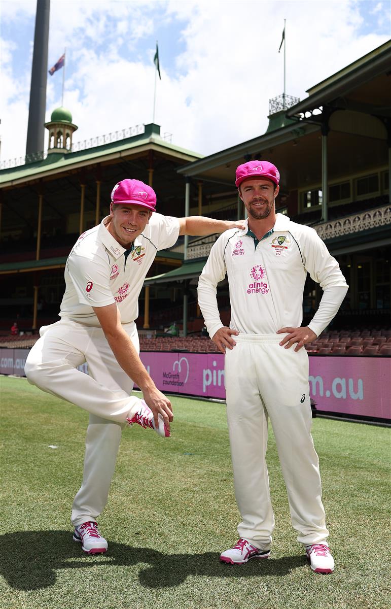 SYDNEY, AUSTRALIA - JANUARY 05: Cameron Green and Travis Head of Australia pose in their Pink Asics Shoes and their McGrath Foundation Pink Cap before an Australian nets session at the Sydney Cricket Ground on January 05, 2021 in Sydney, Australia. (Photo by Ryan Pierse/Getty Images)