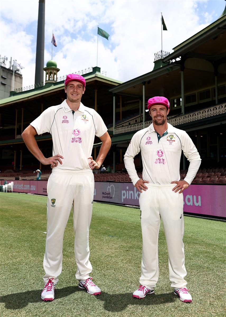 SYDNEY, AUSTRALIA - JANUARY 05: Cameron Green and Travis Head of Australia pose in their Pink Asics Shoes and their McGrath Foundation Pink Cap before an Australian nets session at the Sydney Cricket Ground on January 05, 2021 in Sydney, Australia. (Photo by Ryan Pierse/Getty Images)