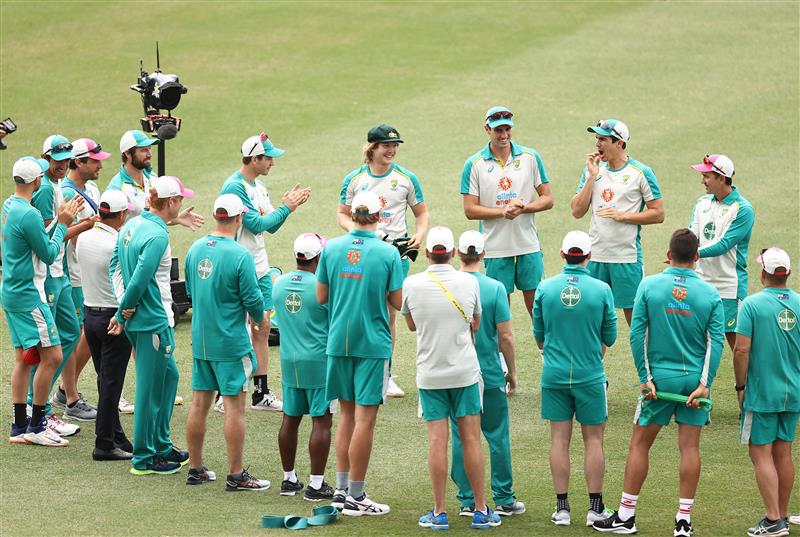 SYDNEY, AUSTRALIA - JANUARY 07: Will Pucovski of Australia receives his Baggy Green Cap during day one of the 3rd Test match in the series between Australia and India at Sydney Cricket Ground on January 07, 2021 in Sydney, Australia. (Photo by Ryan Pierse/Getty Images)