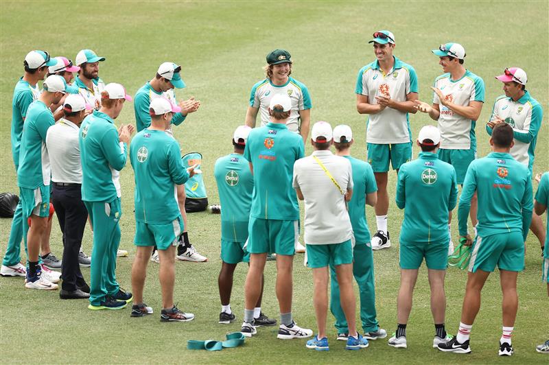 SYDNEY, AUSTRALIA - JANUARY 07: Will Pucovski of Australia receives his Baggy Green Cap during day one of the 3rd Test match in the series between Australia and India at Sydney Cricket Ground on January 07, 2021 in Sydney, Australia. (Photo by Ryan Pierse/Getty Images)