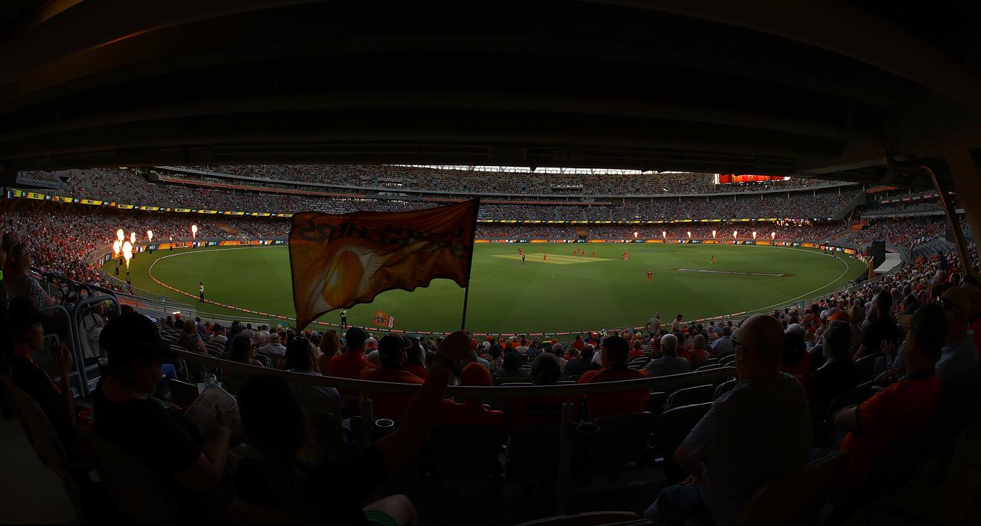 PERTH, AUSTRALIA - JANUARY 06: Scorchers fans celebrate a wicket during the Big Bash League match between the Perth Scorchers and the Sydney Sixers at Optus Stadium, on January 06, 2021, in Perth, Australia. (Photo by Paul Kane/Getty Images)