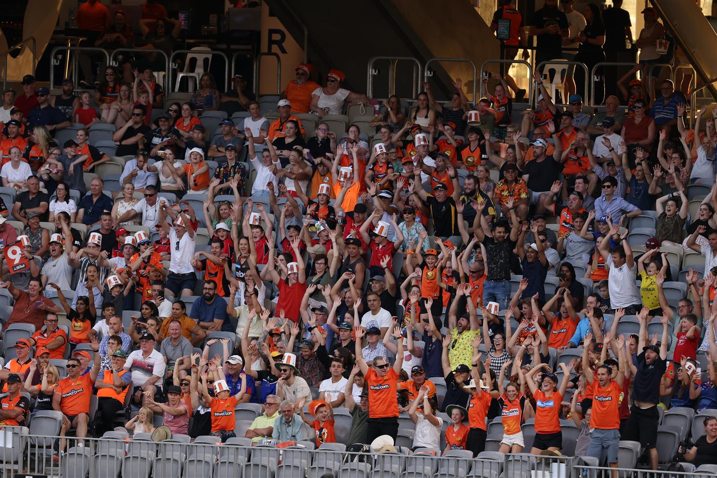 PERTH, AUSTRALIA - JANUARY 06: Spectators enjoy the atmosphere during the Big Bash League match between the Perth Scorchers and the Sydney Sixers at Optus Stadium, on January 06, 2021, in Perth, Australia. (Photo by Paul Kane/Getty Images)