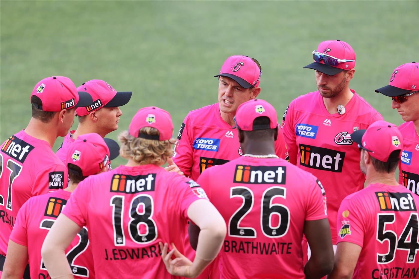 PERTH, AUSTRALIA - JANUARY 06: Daniel Hughes of the Sixers addresses his team before taking to the field during the Big Bash League match between the Perth Scorchers and the Sydney Sixers at Optus Stadium, on January 06, 2021, in Perth, Australia. (Photo by Paul Kane/Getty Images)