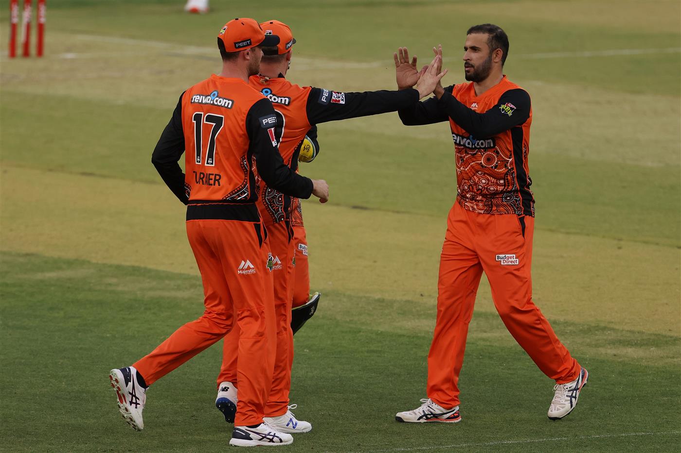 PERTH, AUSTRALIA - JANUARY 06: Fawad Ahmed of the Scorchers celebrates the wicket of Jack Edwards of the Sixers during the Big Bash League match between the Perth Scorchers and the Sydney Sixers at Optus Stadium, on January 06, 2021, in Perth, Australia. (Photo by Paul Kane/Getty Images)
