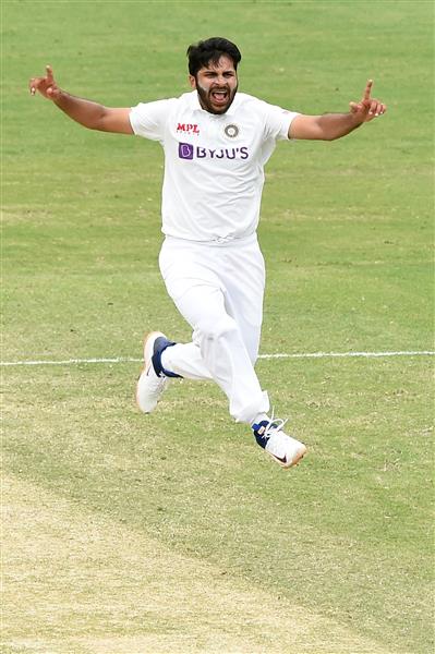 BRISBANE, AUSTRALIA - JANUARY 18: Shardul Thakur of India celebrates the wicket of Tim Paine of Australia during day four of the 4th Test Match in the series between Australia and India at The Gabba on January 18, 2021 in Brisbane, Australia. (Photo by Matt Roberts/Getty Images)