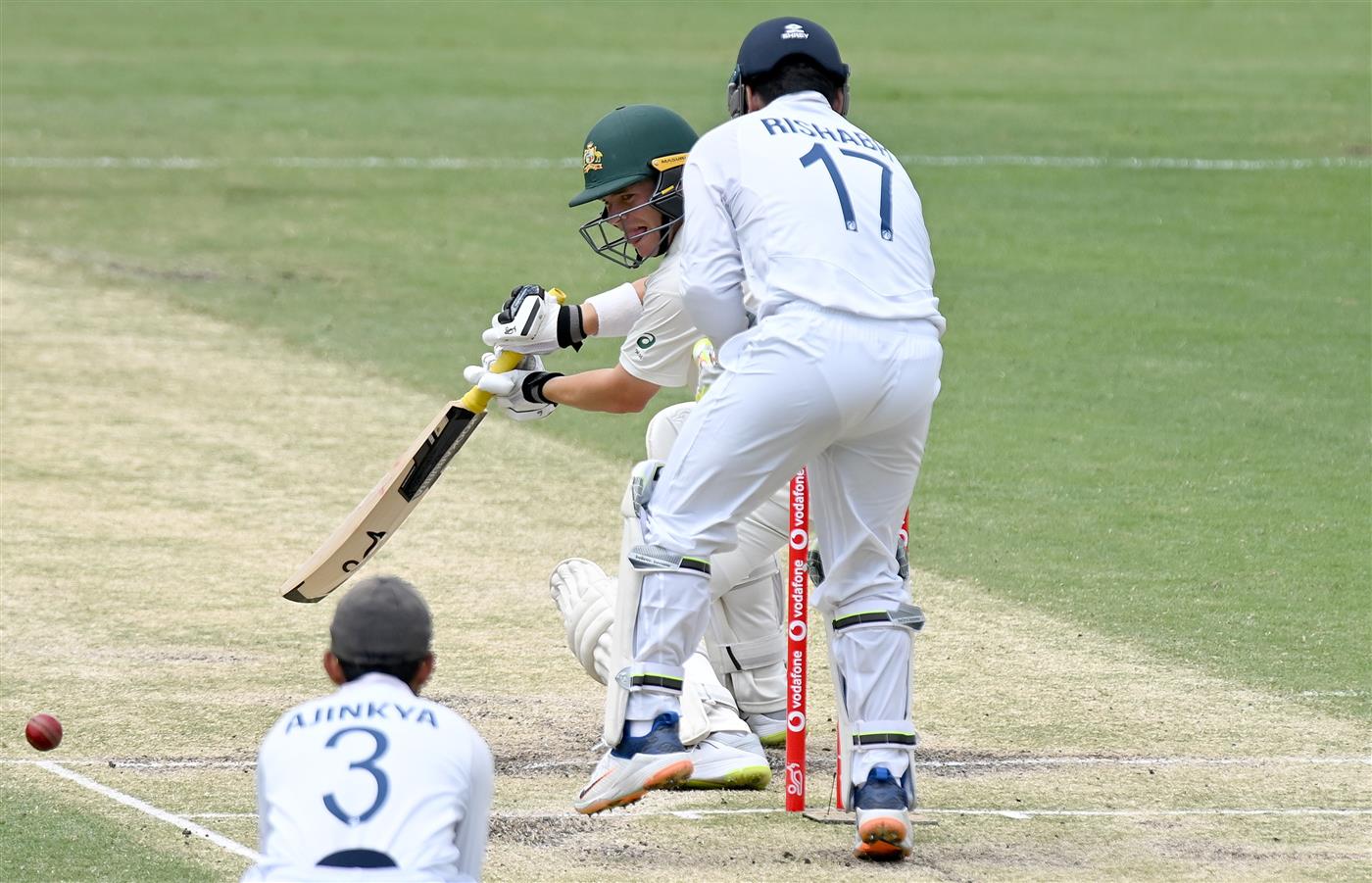 BRISBANE, AUSTRALIA - JANUARY 18: Marcus Harris of Australia plays a shot during day four of the 4th Test Match in the series between Australia and India at The Gabba on January 18, 2021 in Brisbane, Australia. (Photo by Bradley Kanaris/Getty Images)