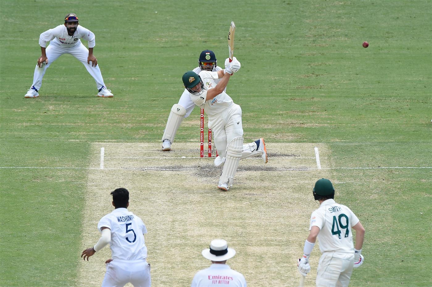 BRISBANE, AUSTRALIA - JANUARY 18: Marnus Labuschagne of Australia bats during day four of the 4th Test Match in the series between Australia and India at The Gabba on January 18, 2021 in Brisbane, Australia. (Photo by Matt Roberts/Getty Images)