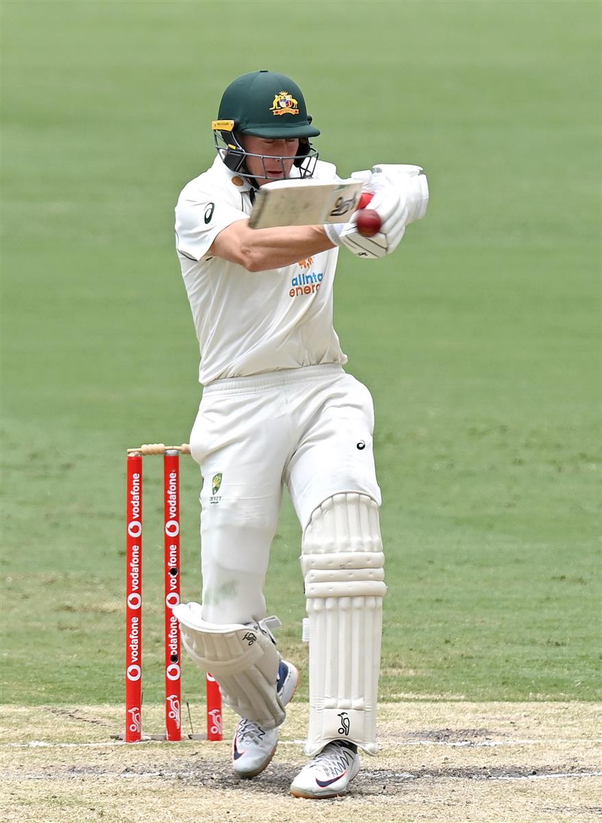 BRISBANE, AUSTRALIA - JANUARY 18: Marnus Labuschagne of Australia plays a shot during day four of the 4th Test Match in the series between Australia and India at The Gabba on January 18, 2021 in Brisbane, Australia. (Photo by Bradley Kanaris/Getty Images)