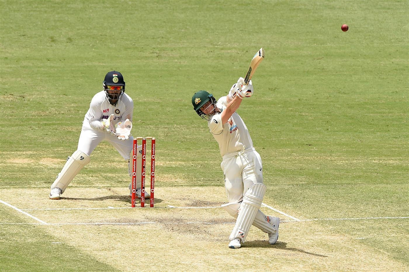 BRISBANE, AUSTRALIA - JANUARY 18: Steve Smith of Australia bats during day four of the 4th Test Match in the series between Australia and India at The Gabba on January 18, 2021 in Brisbane, Australia. (Photo by Matt Roberts/Getty Images)