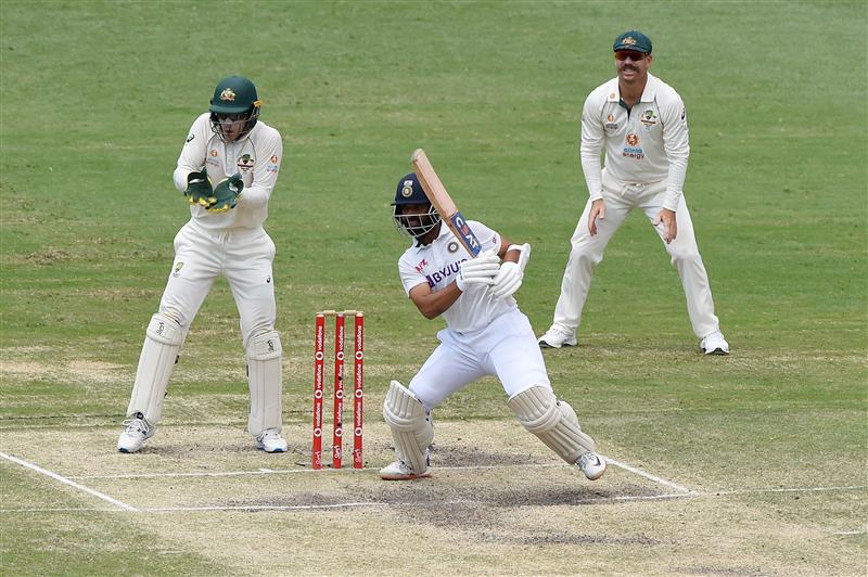 BRISBANE, AUSTRALIA - JANUARY 19: Ajinkya Rahane of India bats during day five of the 4th Test Match in the series between Australia and India at The Gabba on January 19, 2021 in Brisbane, Australia. (Photo by Matt Roberts/Getty Images)