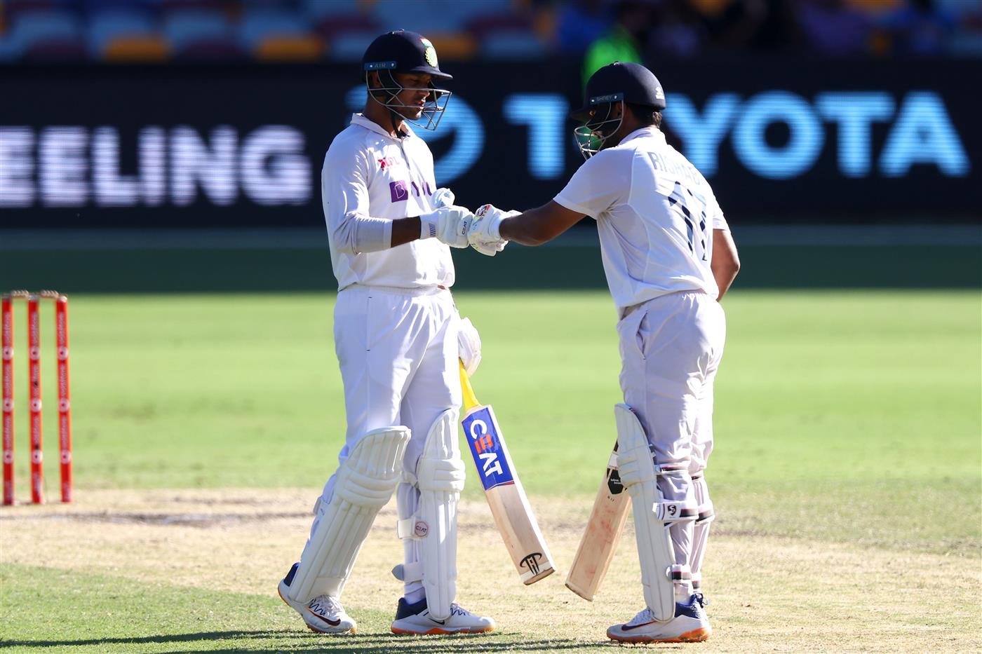 BRISBANE, AUSTRALIA - JANUARY 19: Mayank Agarwal & Rishabh Pant of India bats during day five of the 4th Test Match in the series between Australia and India at The Gabba on January 19, 2021 in Brisbane, Australia. (Photo by Matt Roberts/Getty Images)