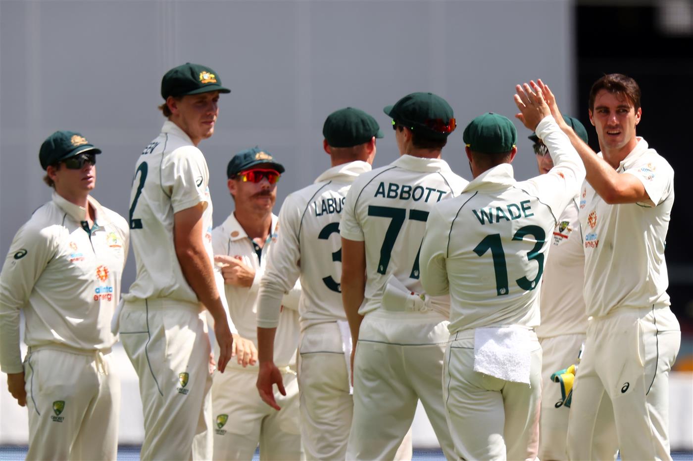 BRISBANE, AUSTRALIA - JANUARY 19: Pat Cummins of Australia celebrates taking the wicket of Ajinkya Rahane of India during day five of the 4th Test Match in the series between Australia and India at The Gabba on January 19, 2021 in Brisbane, Australia. (Getty)