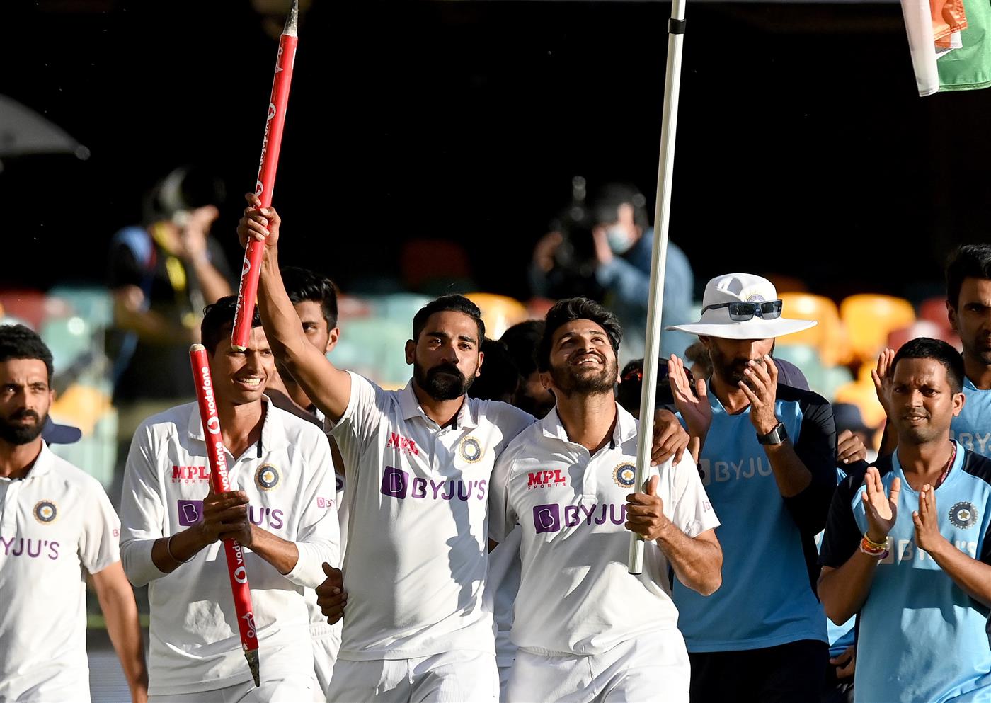 BRISBANE, AUSTRALIA - JANUARY 19: Rishabh Pant of India celebrates victory with his team mates after day five of the 4th Test Match in the series between Australia and India at The Gabba on January 19, 2021 in Brisbane, Australia. (Photo by Bradley Kanaris/Getty Images)