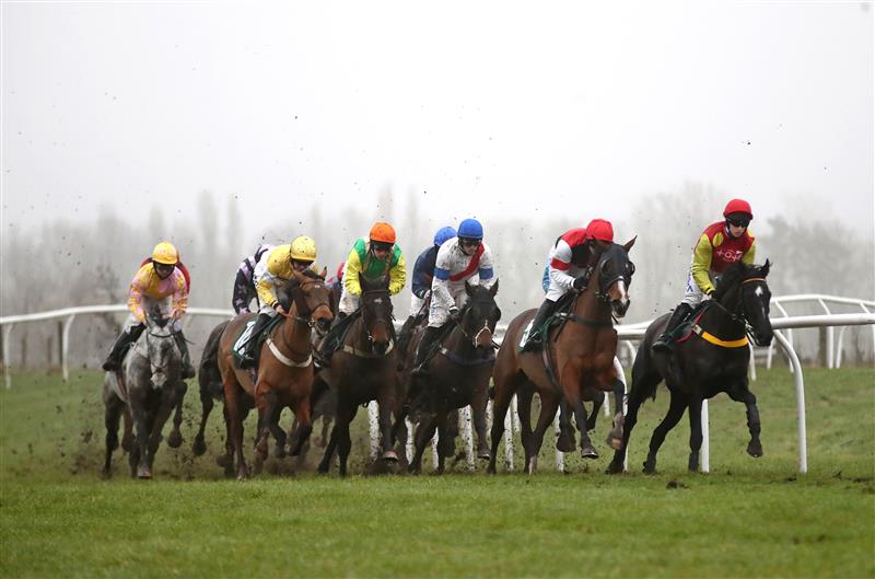 CATTERICK, ENGLAND - FEBRUARY 05: Runners and riders in the kingmakerracedays.co.uk Celebrate Mary Harle's 101st Birthday Handicap Hurdle race at Catterick Racecourse on February 5, 2021 in Catterick, England. (Photo by Tim Goode - Pool / Getty Images)