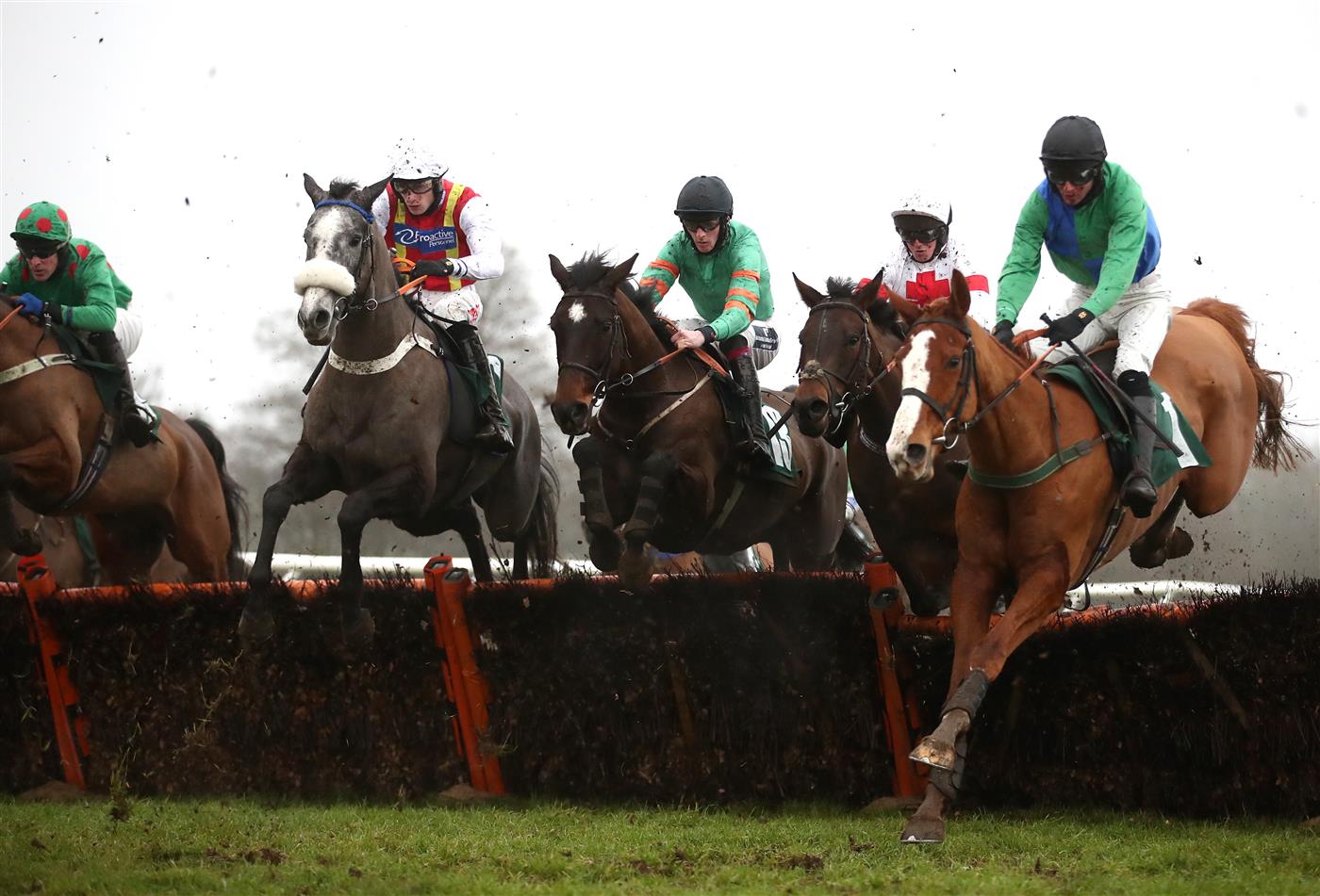 CATTERICK, ENGLAND - FEBRUARY 05: Runner and riders during the Racing TV Profits Returned To Racing Maiden Hurdle at Catterick Racecourse on February 5, 2021 in Catterick, England. (Photo by Tim Goode - Pool / Getty Images)