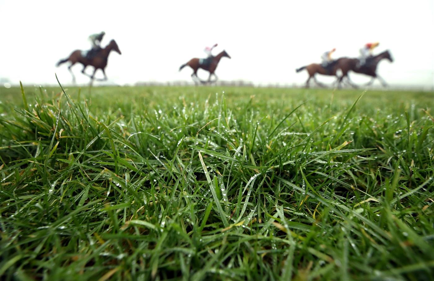 CATTERICK, ENGLAND - FEBRUARY 05: Runners and riders during the Millbry Hill Juvenile Hurdle race at Catterick Racecourse on February 5, 2021 in Catterick, England. (Photo by Pool/Getty Images)