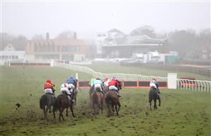 CATTERICK, ENGLAND - FEBRUARY 05: Runners and riders in the kingmakerracedays.co.uk Celebrate Mary Harle's 101st Birthday Handicap Hurdle race at Catterick Racecourse on February 5, 2021 in Catterick, England. (Photo by Tim Goode - Pool / Getty Images)