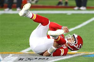 TAMPA, FLORIDA - FEBRUARY 07: Patrick Mahomes #15 of the Kansas City Chiefs lies on the turf in the first quarter against the Tampa Bay Buccaneers in Super Bowl LV at Raymond James Stadium on February 07, 2021 in Tampa, Florida. (Photo by Patrick Smith/Getty Images)