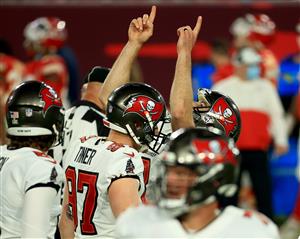 TAMPA, FLORIDA - FEBRUARY 07: Ryan Succop #3 of the Tampa Bay Buccaneers (C) celebrates a field goal during the third quarter against the Kansas City Chiefs in Super Bowl LV at Raymond James Stadium on February 07, 2021 in Tampa, Florida. (Photo by Mike Ehrmann/Getty Images)