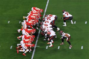TAMPA, FLORIDA - FEBRUARY 07: The Tampa Bay Buccaneers and Kansas City Chiefs lines of scrimmage are seen during the first quarter of the game in Super Bowl LV at Raymond James Stadium on February 07, 2021 in Tampa, Florida. (Photo by Mike Ehrmann/Getty Images)