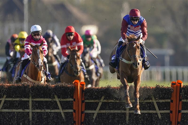SUNBURY, ENGLAND - FEBRUARY 27: Adrian Heskin riding Tritonic clear the last to win The Close Brothers Adonis Juvenile Hurdle at Kempton Park Racecourse on February 27, 2021 in Sunbury, England. Due to the coronavirus pandemic, owners along with the paying public will not be allowed to attend the meeting. (Photo by Alan Crowhurst/Getty Images)