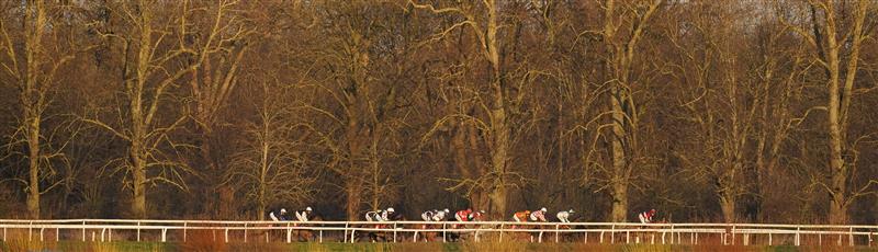 SUNBURY, ENGLAND - FEBRUARY 27: A general view as the low evening sun lights up the runners and woodland down the back straight during The Close Brothers Premium Finance Standard Open NH Flat Race at Kempton Park Racecourse on February 27, 2021 in Sunbury, England. Due to the coronavirus pandemic, owners along with the paying public will not be allowed to attend the meeting. (Photo by Alan Crowhurst/Getty Images)