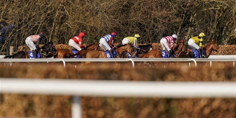 SUNBURY, ENGLAND - FEBRUARY 27: Adrian Heskin riding Tritonic (C, #8) on their way to winning The Close Brothers Adonis Juvenile Hurdle at Kempton Park Racecourse on February 27, 2021 in Sunbury, England. Due to the coronavirus pandemic, owners along with the paying public will not be allowed to attend the meeting. (Photo by Alan Crowhurst/Getty Images)
