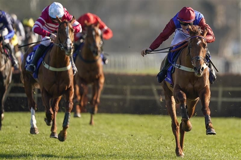 SUNBURY, ENGLAND - FEBRUARY 27: Adrian Heskin riding Tritonic clear the last to win The Close Brothers Adonis Juvenile Hurdle at Kempton Park Racecourse on February 27, 2021 in Sunbury, England. Due to the coronavirus pandemic, owners along with the paying public will not be allowed to attend the meeting. (Photo by Alan Crowhurst/Getty Images)