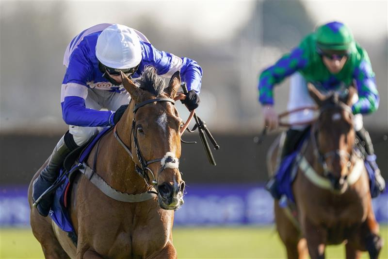 SUNBURY, ENGLAND - FEBRUARY 27: Harry Cobden riding Tamaroc Du Mathan clear the last to win The Close Brothers Pendil Novices' Chase at Kempton Park Racecourse on February 27, 2021 in Sunbury, England. Due to the coronavirus pandemic, owners along with the paying public will not be allowed to attend the meeting. (Photo by Alan Crowhurst/Getty Images)