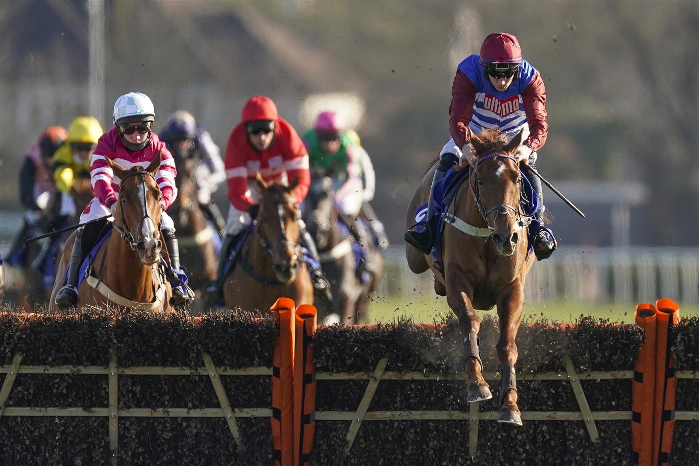 SUNBURY, ENGLAND - FEBRUARY 27: Adrian Heskin riding Tritonic clear the last to win The Close Brothers Adonis Juvenile Hurdle at Kempton Park Racecourse on February 27, 2021 in Sunbury, England. Due to the coronavirus pandemic, owners along with the paying public will not be allowed to attend the meeting. (Photo by Alan Crowhurst/Getty Images)