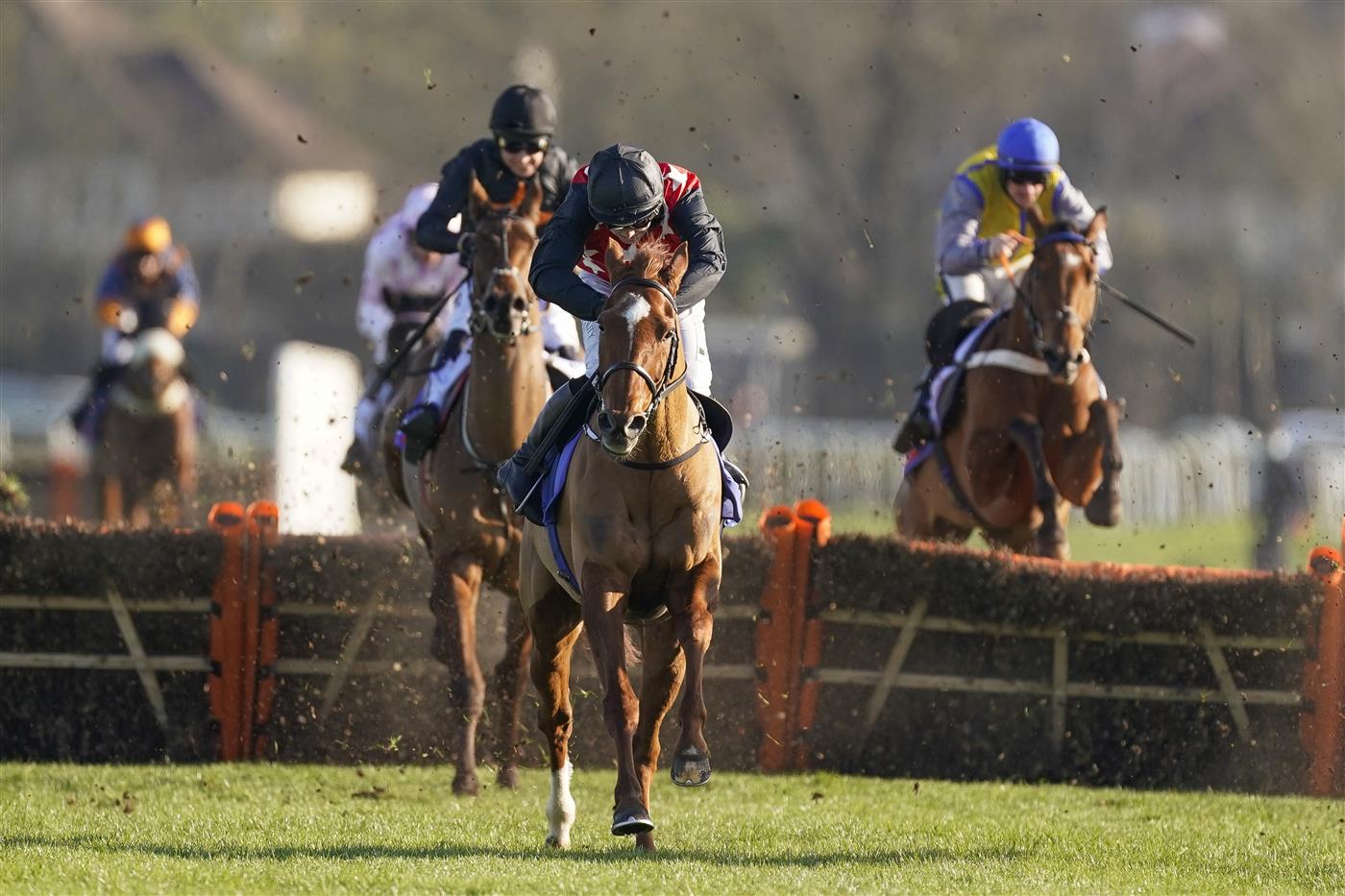 SUNBURY, ENGLAND - FEBRUARY 27: Jonjo O'Neill Jr riding Cape Gentleman (red/black) clear the last to win The Sky Bet Dovecote Novices' Hurdle at Kempton Park Racecourse on February 27, 2021 in Sunbury, England. Due to the coronavirus pandemic, owners along with the paying public will not be allowed to attend the meeting. (Photo by Alan Crowhurst/Getty Images)