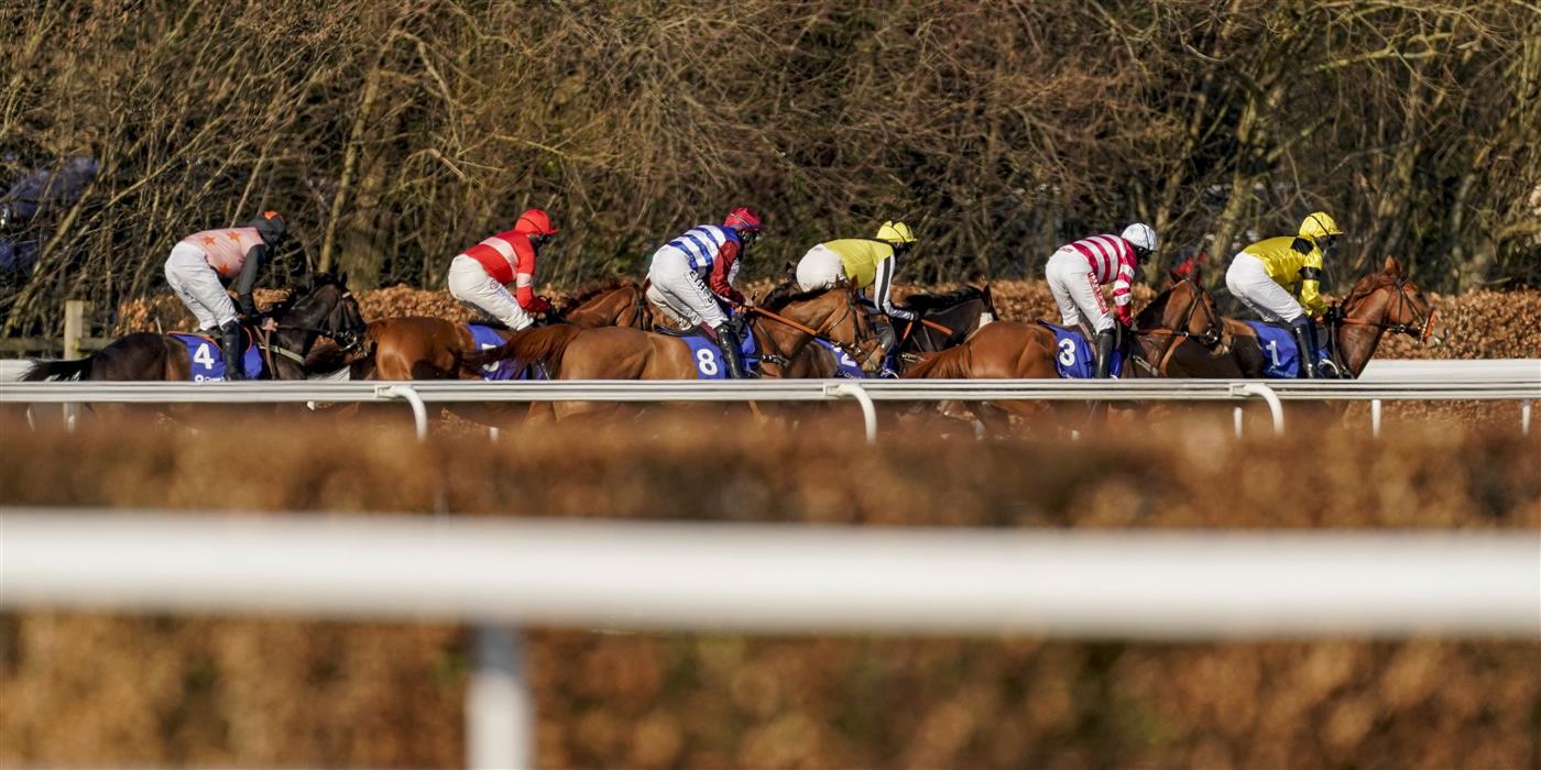 SUNBURY, ENGLAND - FEBRUARY 27: Adrian Heskin riding Tritonic (C, #8) on their way to winning The Close Brothers Adonis Juvenile Hurdle at Kempton Park Racecourse on February 27, 2021 in Sunbury, England. Due to the coronavirus pandemic, owners along with the paying public will not be allowed to attend the meeting. (Photo by Alan Crowhurst/Getty Images)