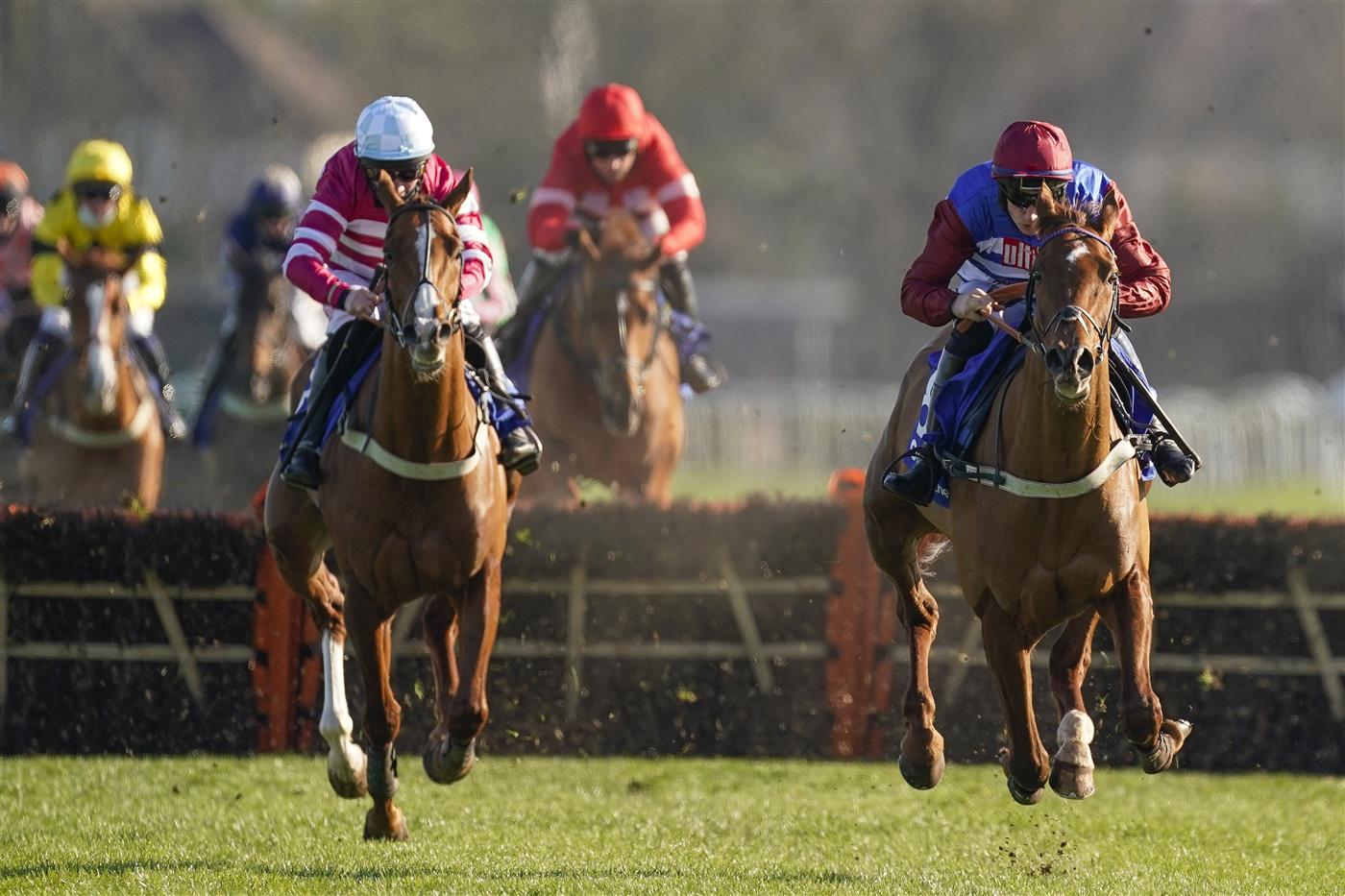SUNBURY, ENGLAND - FEBRUARY 27: Adrian Heskin riding Tritonic clear the last to win The Close Brothers Adonis Juvenile Hurdle at Kempton Park Racecourse on February 27, 2021 in Sunbury, England. Due to the coronavirus pandemic, owners along with the paying public will not be allowed to attend the meeting. (Photo by Alan Crowhurst/Getty Images)
