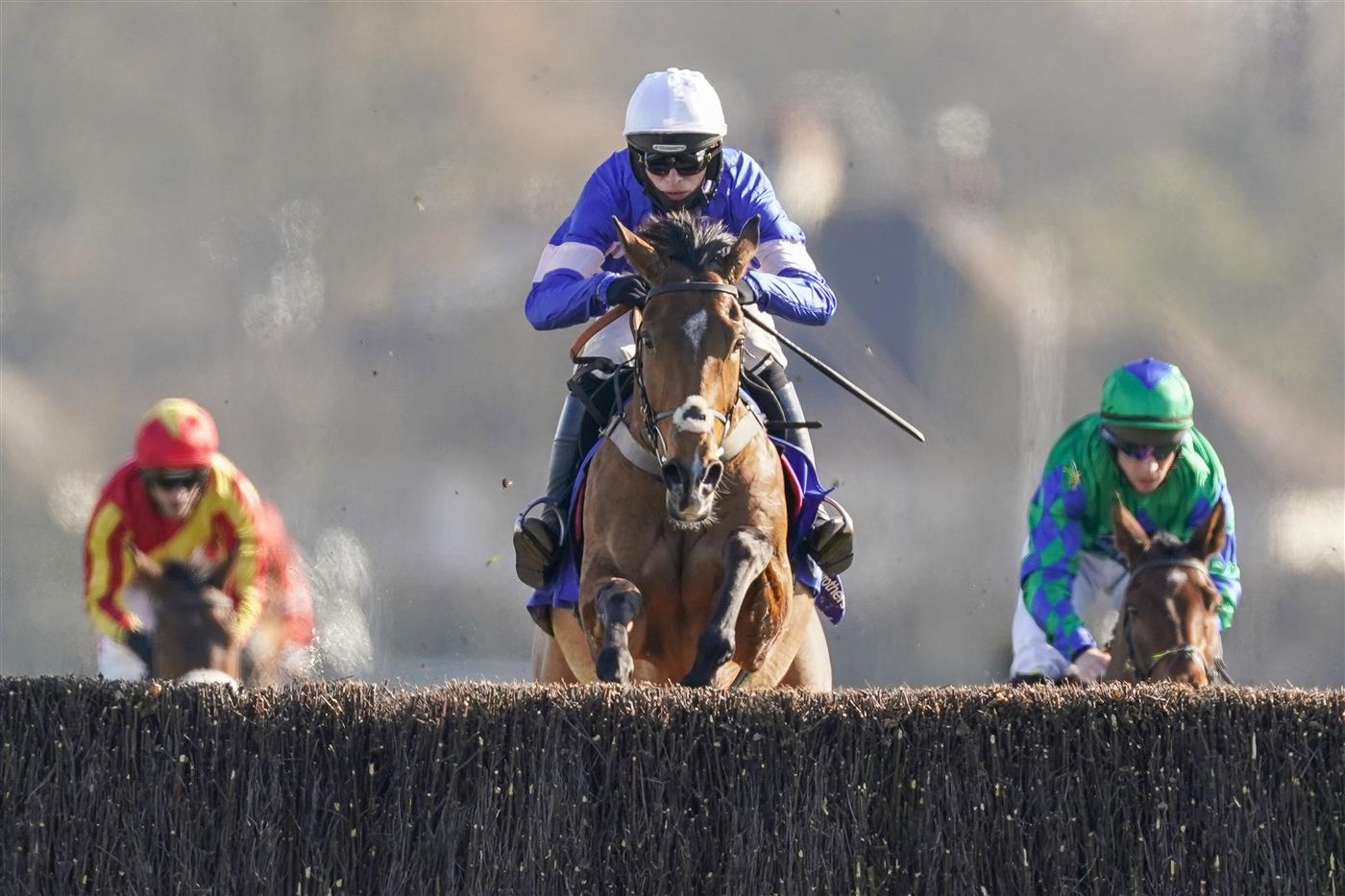SUNBURY, ENGLAND - FEBRUARY 27: Harry Cobden riding Tamaroc Du Mathan clear the last to win The Close Brothers Pendil Novices' Chase at Kempton Park Racecourse on February 27, 2021 in Sunbury, England. Due to the coronavirus pandemic, owners along with the paying public will not be allowed to attend the meeting. (Photo by Alan Crowhurst/Getty Images)