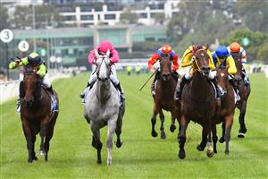 MELBOURNE, AUSTRALIA - FEBRUARY 27: Michael Poy riding Fabergino (grey) winning race 5, the Ata/bob Hoysted Handicap, during Melbourne Racing at Flemington Racecourse on February 27, 2021 in Melbourne, Australia. (Photo by Vince Caligiuri/Getty Images)
