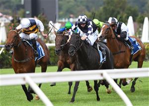 MELBOURNE, AUSTRALIA - FEBRUARY 27: Declan Bates riding Chaillot winning Race 9, the Furphy Ale Frances Tressady Stakes, during Melbourne Racing at Flemington Racecourse on February 27, 2021 in Melbourne, Australia. (Photo by Vince Caligiuri/Getty Images)
