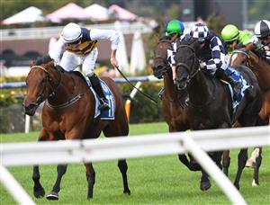 MELBOURNE, AUSTRALIA - FEBRUARY 27: Declan Bates riding Chaillot winning Race 9, the Furphy Ale Frances Tressady Stakes, during Melbourne Racing at Flemington Racecourse on February 27, 2021 in Melbourne, Australia. (Photo by Vince Caligiuri/Getty Images)