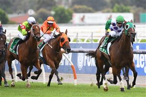 MELBOURNE, AUSTRALIA - FEBRUARY 27: Damian Lane riding Morvada winning Race 3, the The Tab Shaftesbury Avenue Handicap, during Melbourne Racing at Flemington Racecourse on February 27, 2021 in Melbourne, Australia. (Photo by Vince Caligiuri/Getty Images)