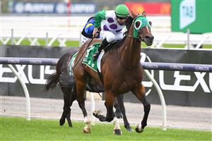 MELBOURNE, AUSTRALIA - FEBRUARY 27: Damian Lane riding Morvada winning Race 3, the The Tab Shaftesbury Avenue Handicap, during Melbourne Racing at Flemington Racecourse on February 27, 2021 in Melbourne, Australia. (Photo by Vince Caligiuri/Getty Images)