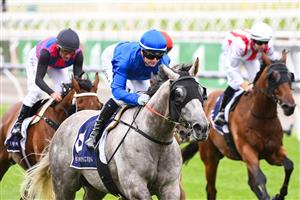 MELBOURNE, AUSTRALIA - FEBRUARY 27: Jamie Kah riding Subedar winning Race 4, the World Horse Racing Handicap, during Melbourne Racing at Flemington Racecourse on February 27, 2021 in Melbourne, Australia. (Photo by Vince Caligiuri/Getty Images)