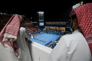 DOHA, QATAR - MARCH 10: A general view as Roger Federer of Switzerland plays his match against Dan Evans of Great Britain on Day 3 of the Qatar ExxonMobil Open at Khalifa International Tennis and Squash Complex on March 10, 2021 in Doha, Qatar. (Photo by Mohamed Farag/Getty Images)