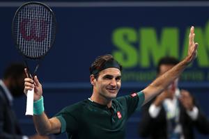 DOHA, QATAR - MARCH 10: Roger Federer of Switzerland celebrates winning his match against Dan Evans of Great Britain on Day 3 of the Qatar ExxonMobil Open at Khalifa International Tennis and Squash Complex on March 10, 2021 in Doha, Qatar. (Photo by Mohamed Farag/Getty Images)