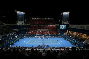 DOHA, QATAR - MARCH 10: A general view as Roger Federer of Switzerland plays his match against Dan Evans of Great Britain on Day 3 of the Qatar ExxonMobil Open at Khalifa International Tennis and Squash Complex on March 10, 2021 in Doha, Qatar. (Photo by Mohamed Farag/Getty Images)